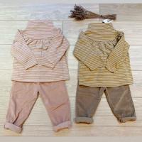 高領條紋上衣+細燈芯絨長褲