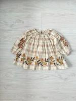 Tulip Embroidered Elastic Neck Long Sleeve Dress, Harvest Plaid