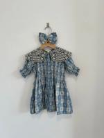 Blue floral gingham jacquard tunic and matching bow barrette