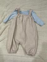 米色吊帶褲+（贈）百搭灰條紋上衣