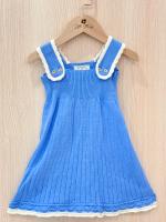 Birinit Petit, Deep blue knit dress 復古藍白針織坑條波浪邊洋裝 3Y