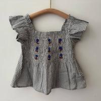 小花刺繡格紋小飛袖上衣