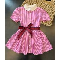 桃粉襯衫式條紋洋裝