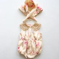 杏米金暈染刺繡領包屁衣(附方巾)