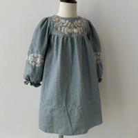 刺繡灰藍長袖洋裝