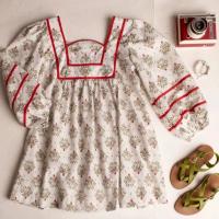 古典圖騰泡泡袖洋裝