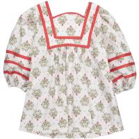 古典狼花圖騰撞色泡泡袖洋裝