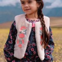 Louis Misha螢光橘紅刺繡花卉皮草背心