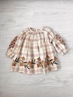 Tulip Embroidered Elastic Neck Long Sleeve Dress, Harvest Plaid