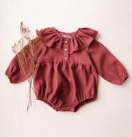 Linen Long Sleeve Ruffle Collar Button-Front Bubble Playsuit - Rosewood玫瑰木