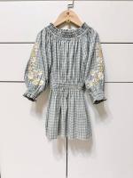 縮腰刺繡格子洋裝 Powder Blue