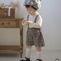 毛呢格紋吊帶短褲(棕色）