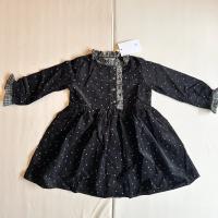 復古圓點天鵝絨褶邊領前扣長袖洋裝