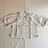 古典奶油細格紋褶邊領前扣襯衫上衣