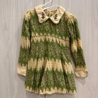 復古風綠色碎花翻領長袖連身裙