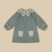 復古碎花刺繡領口長袖洋裝