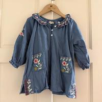 藍色花朵刺繡長袖娃娃衫