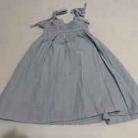 藍白細格紋綁帶抽褶洋裝