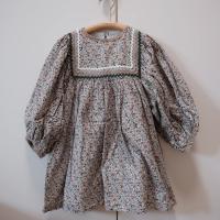 復古碎花蕾絲拼接長袖洋裝