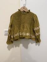 復古橄欖綠花卉刺繡皺褶上衣