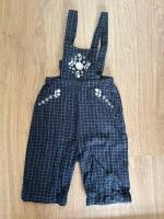 深藍色格紋刺繡吊帶褲