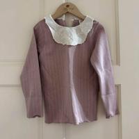 粉紫色條紋長袖上衣附白色刺繡娃娃領