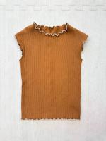 棕色坑條荷葉邊無袖上衣