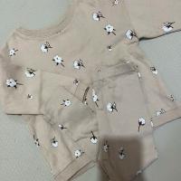 棉花圖案長袖圓領上衣與長褲套裝