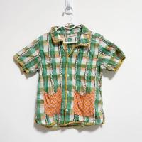 綠色格紋拼接口袋短袖襯衫
