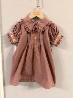 復古風刺繡翻領荷葉邊短袖連身裙