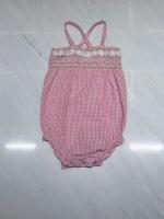粉色細格紋手工刺繡細肩連身包屁衣 18m