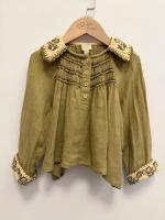 復古風刺繡領亞麻長袖上衣