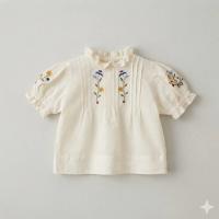 復古宮廷風刺繡花卉荷葉領短袖上衣
