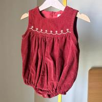 酒紅色燈芯絨刺繡無袖連身包屁衣