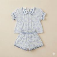 復古風碎花刺繡領上衣短褲套裝