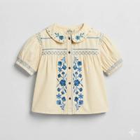 奶油色藍花刺繡短袖襯衫