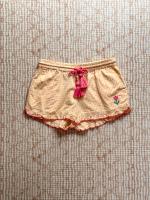 黃色格紋刺繡花朵抽繩短褲