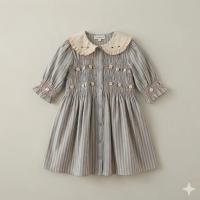 BONJOUR DIARY 小花袖排釦洋裝（藍條紋）ROMANTIQUE TUNIQUE - Blue transat stripe
