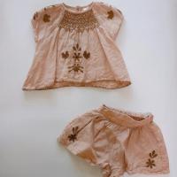 亞麻刺繡短袖上衣與短褲兩件套