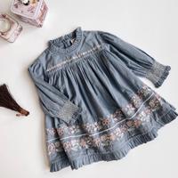 藍色立領刺繡長袖洋裝