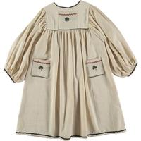  Cotton Shamrock Embroidery Zig-Zag Trim Puff Sleeve Dress, Ecru