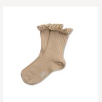 Lili - Sable 蕾絲小花羅紋短襪 淺棕