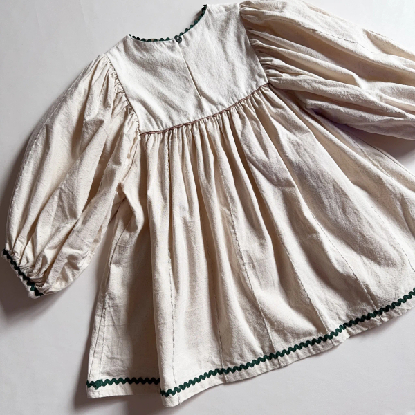 Cotton Shamrock Embroidery Zig-Zag Trim Puff Sleeve Dress, Ecru image 1 of 0