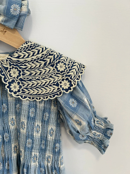 Blue floral gingham jacquard tunic and matching bow barrette image 1 of 0