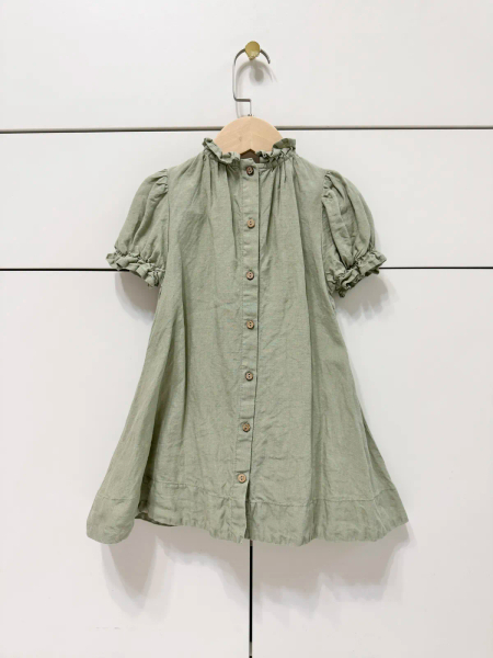 公主短袖亞麻洋裝-鼠尾草綠 image 1 of 0