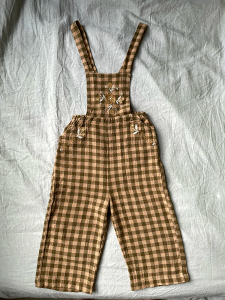 格紋刺繡吊帶長褲 image 1 of 0