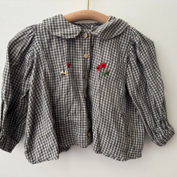 格紋雙刺繡長袖薄襯衫 image 1 of 0