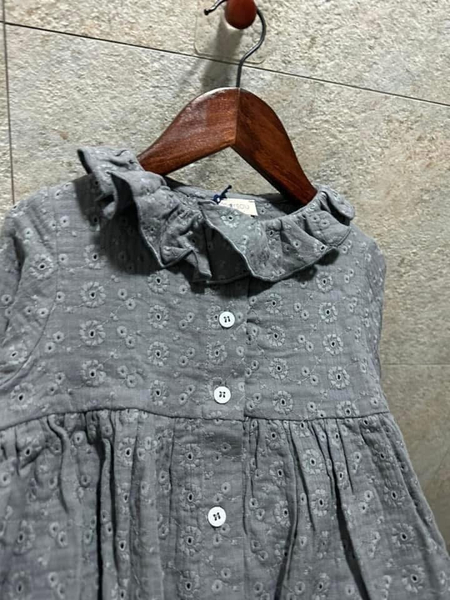  法國 Marsou Anemone Dress 全新付吊牌 3-4y 灰色刺繡花領洋裝 image 1 of 0