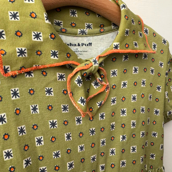 匹馬棉幾何圖案奇異果綠領子洋裝 image 1 of 0