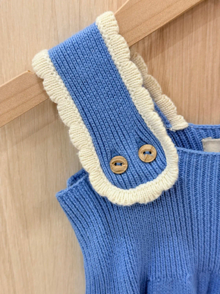 Birinit Petit, Deep blue knit dress 復古藍白針織坑條波浪邊洋裝 3Y image 1 of 0